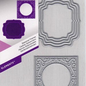 Peut inclure: Un paquet de six cadres en métal argenté découpés à la matrice pour l'artisanat du papier. Les cadres sont de formes et de tailles différentes, y compris un cadre carré avec un cercle à l'intérieur, un cadre rectangulaire aux coins arrondis et un cadre rectangulaire à bord festonné. L'emballage est violet et blanc et porte le texte "Gemini by Crafter's Companion". Le texte "Cadres saisonniers" est également sur l'emballage. Les cadres découpés à la matrice ont une profondeur de 0,8 mm.