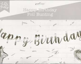May include: Silver foil Happy Birthday banner with silver confetti and star and heart shaped balloons. Let's Party.
