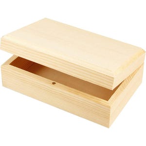 May include: A rectangular wooden box with a hinged lid, partially open. The box is made of light-coloured wood, with visible grain. The lid is slightly raised, revealing the interior. The box is designed for storage.