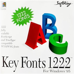 Könnte beinhalten: Produktverpackung für die Software Key Fonts 1222 für Windows 95. Die Box zeigt die Buchstaben A, B und C in Rot, Blau und Grün. Ein grüner Stern zeigt "1222 FONTS". Der Text "Key Fonts 1222" ist deutlich sichtbar.