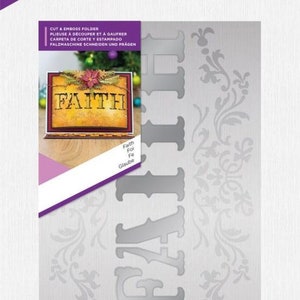 May include: A silver metal die-cut craft stencil with a decorative floral pattern and the word "FAITH" in large, bold letters. The stencil is designed for use with a die-cutting machine.