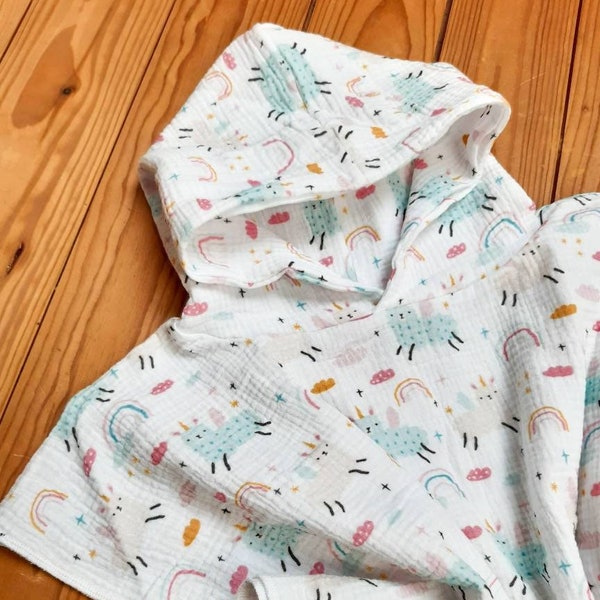 Bath poncho muslin, unicorns and rainbows, hooded towel for children