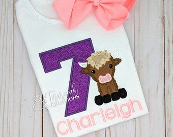 Embroidered Highland Cow Birthday Shirt, Personalized Girls or Boys Gift