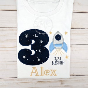 Spaceship Birthday Shirt, Personalized With Name Space Rocket T-shirt, Embroidered Girl Boy Kids Birthday Shirt, Stars Spaceship
