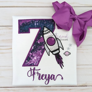 Glitter Space Rocket Birthday Shirt for Girls, Kids Personalized With Name Galaxy T-shirt, Custom Outer Space Shirt for Girls