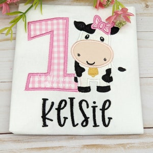 Pink Cow Birthday Shirt, Personalized With Name Cow Girls Boys Shirt, 1st 2nd 3rd 4th 5th 6th Embroidered Kids Shirt, Pink Gingham Number