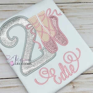 Pink Ballerina Birthday Shirt for Girls,Personalized Pointe Shoes Birthday Shirt, Embroidered Glitter Ballerina Shoes Shirt