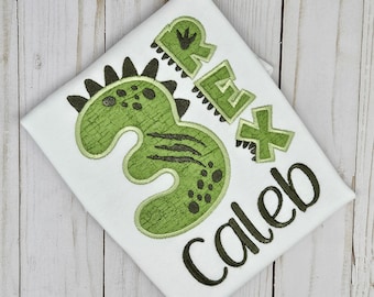 Camiseta de cumpleaños bordada de 3 Rex, dinosaurio personalizado para tercer cumpleaños