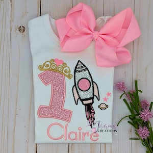 Princess Space Rocket Birthday Shirt for Girls, Kids Personalized with Name Princess Pink Glitter T-shirt, Pink Outer Space Shirt for Girls