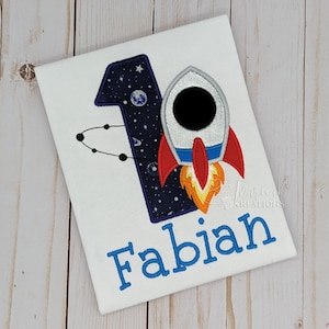 Space Ship Rocket Birthday Shirt for Boys Girls, Personalized With Name Galaxy T-shirt, Embroidered Space Themed Birthday Shirt