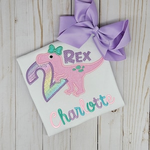 Girly 2 Rex Birthday Shirt, Kids Personalized with Name Dinosaur Birthday T-shirt, Embroidered Girl&#39;s Two Trex Birthday Shirt, T-Rex Bday