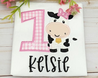 Pink Cow Birthday Shirt: Personalized Embroidered Gingham Number