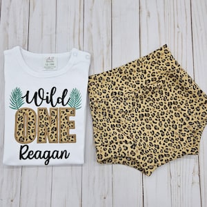 Wild ONE First Birthday Outfit, Kid&#39;s Baby Toddler High-Waisted Bummy, Bummies, Animal Print Birthday Outfit. Wild ONE 1st Birthday Shirt