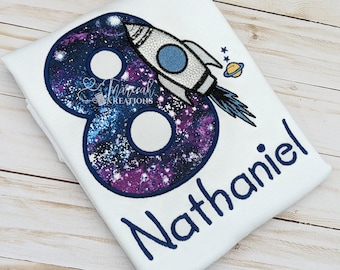 Embroidered Spaceship Birthday Shirt: Personalized Galaxy Rocket Tee