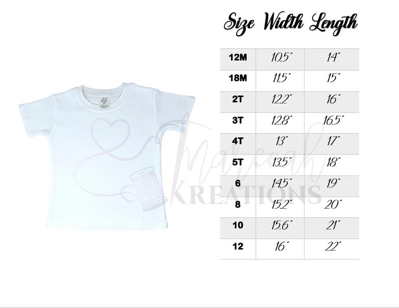 Puede incluir: Tabla de tallas para una camiseta blanca con medidas en pulgadas. La tabla muestra el ancho y la longitud de la camiseta para las tallas 12M a 12.