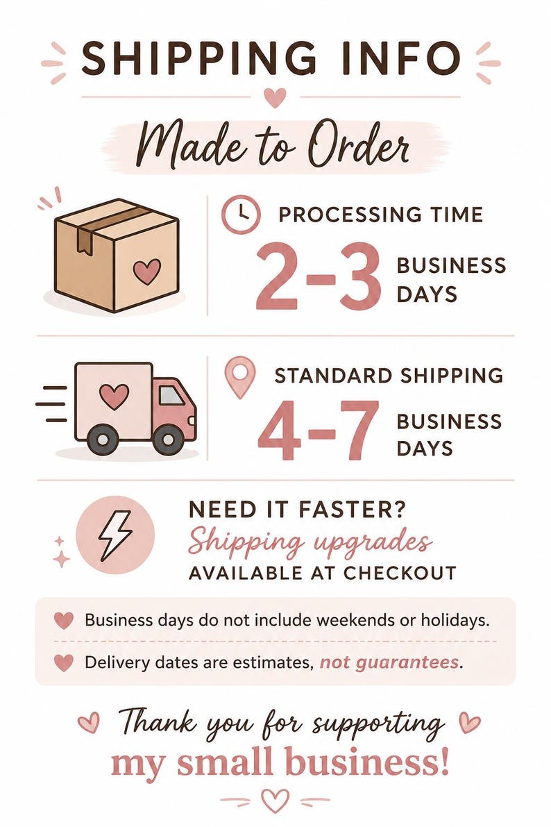 May include: An informational graphic with a light pink background featuring brown text and icons. It displays shipping info, processing times of 2-3 business days, standard shipping of 4-7 business days, shipping upgrade options, and a thank you message.