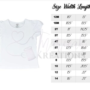 Puede incluir: Tabla de tallas para una camiseta blanca con mangas abullonadas. La tabla muestra la talla, el ancho en pulgadas y la longitud en pulgadas para las tallas 12M a 14.