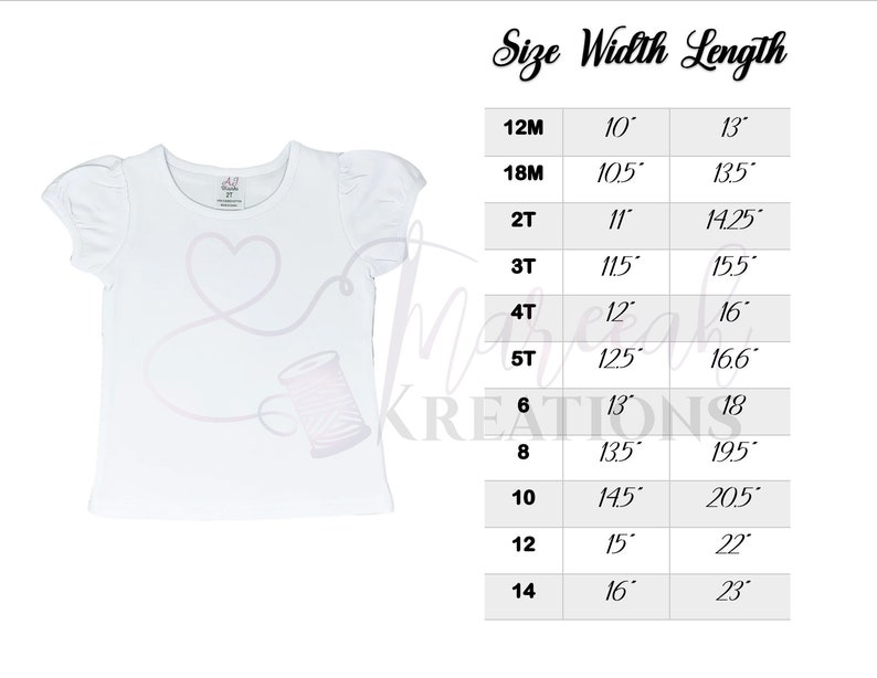 Puede incluir: Tabla de tallas para una camiseta blanca con mangas abullonadas. La tabla muestra la talla, el ancho en pulgadas y la longitud en pulgadas para las tallas 12M a 14.