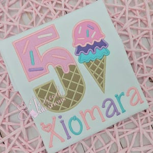 5th Birthday Ice Cream Cone Shirt for Girls Boys, Kids Personalized with Name Candy Tshirt, Number 5 Ice Cream Shirt, Fifth Birthday Shirt
