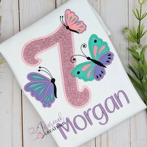 Butterflies Birthday Shirt, Personalized with Name Girl White Shirt 1st 2nd 3rd 4th Embroidered Kids Shirt Birthday Gift, Glitter Number