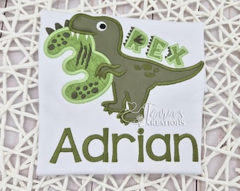 3 Rex Embroidered Birthday Shirt, 3rd Trex Bday T-shirt for Boys