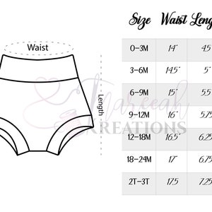 May include: A size chart for baby bottoms with measurements in inches for waist and length. The chart shows sizes from 0-3 months to 2T-3T.