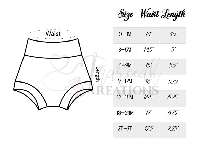 May include: A size chart for baby bottoms with measurements in inches for waist and length. The chart shows sizes from 0-3 months to 2T-3T.