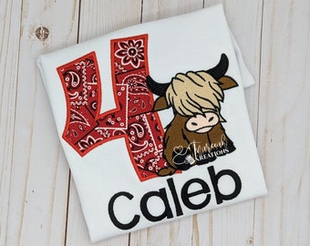 Embroidered Highland Cow Birthday Shirt: Personalized Kids Gift