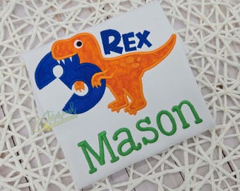Personalized 3 Rex Birthday Shirt, Embroidered Dinosaur Trex Tee
