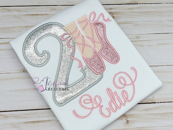 Sparkly Girl's Ballerina Birthday Shirt, Personalized Age and Name Embroidered Bday Tshirt