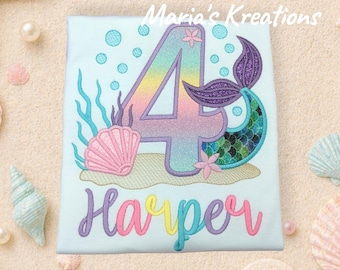 Mermaid Birthday Embroidered Shirt – Personalized Name & Age Tshirt