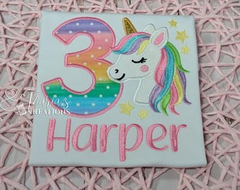 Embroidered Unicorn Birthday Shirt: Pastel Rainbow, Custom Name & Age