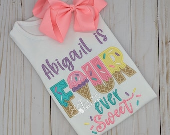 Embroidered Four Ever Sweet Ice Cream Birthday Shirt, Personalized 4th Birthday