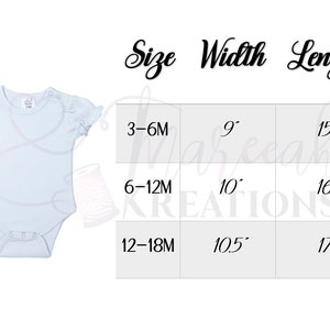 Puede incluir: Una tabla de tallas para bodys de beb&eacute; con medidas en pulgadas. La tabla muestra el ancho y la longitud de los bodys en tallas 3-6M, 6-12M y 12-18M.