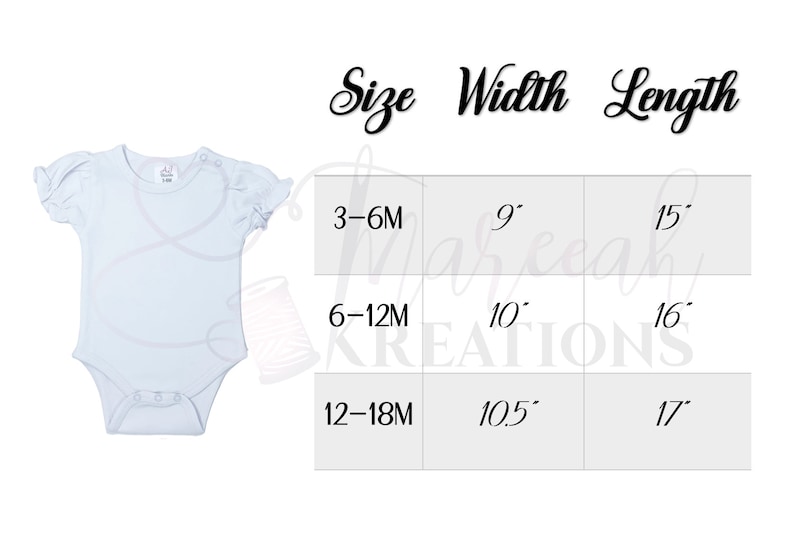 Puede incluir: Una tabla de tallas para bodys de beb&eacute; con medidas en pulgadas. La tabla muestra el ancho y la longitud de los bodys en tallas 3-6M, 6-12M y 12-18M.