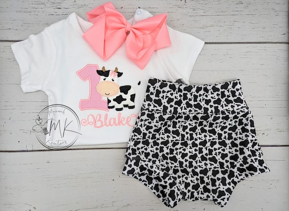 Cow Birthday Outfit: Embroidered Shirt & Cow Print Bummies