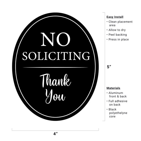 4"x5" No Soliciting Sign for Home or Front Door- Full sticker back - Outdoor or indoor, window house home office -  Black metal