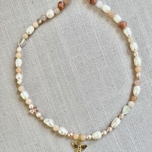 Freshwater Pearl Necklace, Sunstone, Rose Quartz , 18k Gold Filled Bee Pendant