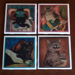 Set of 4 Ceramic Coasters, Cats with Coffee and Books