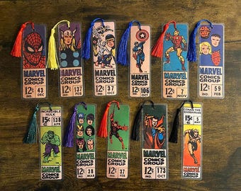 Marcapáginas de cómics vintage de Marvel Comics: elige entre 11 diseños: Spider-Man, Thor, Hulk, Avengers, Daredevil, Doctor Strange