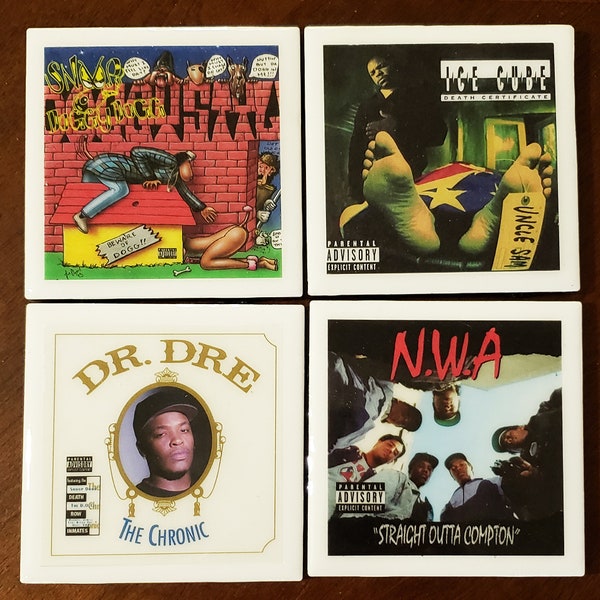 West Coast Rap Classic Albums Ceramic Coasters - Set Of 4 (Snoop, Dr. Dre, NWA, Ice Cube)