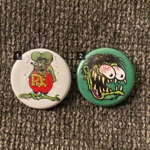 Vintage Hot Rod Art 1.25&quot; Pins or Magnets - Rat Fink, Bug Eyes