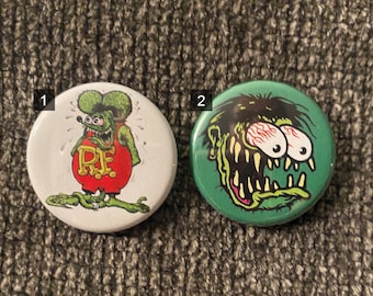 Vintage Hot Rod Art 1.25" Pins or Magnets - Rat Fink, Bug Eyes