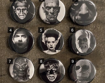 Classic B-Movie Characters and Monsters 1.25" Pins or Magnets - Choose from 45 Characters!