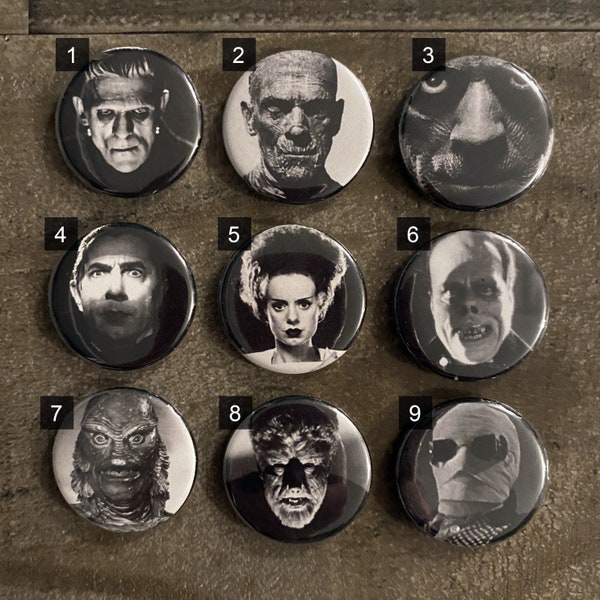 Classic B-Movie Characters and Monsters 1.25" Pins or Magnets - Choose from 45 Characters!