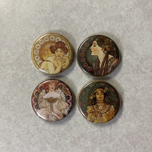 Art Nouveau Alphonse Mucha 1.25&quot; (32mm) Pin or Magnet Set