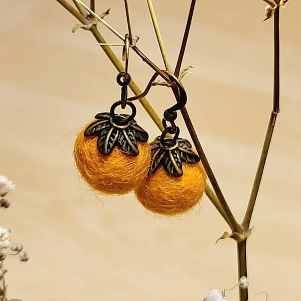 A Taste of Honey - yellow felt ball earrings, amber felt earrings, cute earrings, small ultra light earrings, retro earrings