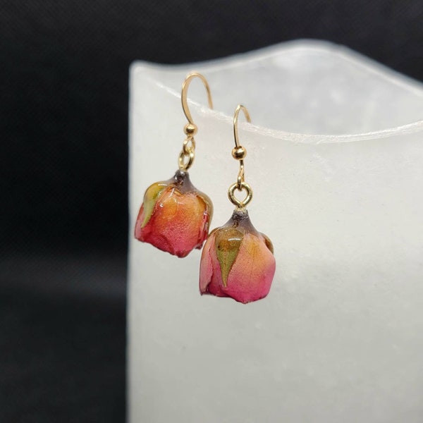 Everything's Coming Up Roses - dried rose earrings, pink roses in resin, tiny roses, floral jewelry, real rose drop earrings