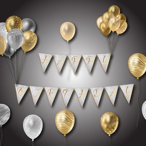 Digital Happy Birthday Banner, Birthday Banner, Birthday Bundle, Happy Birthday Garland, Layered Bunting, Celebration, Gold and silver