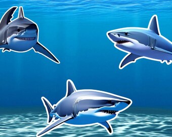 May include: Three white sharks swimming in the ocean. The sharks are all facing the viewer and have their mouths open. The water is blue and there are bubbles in the background.